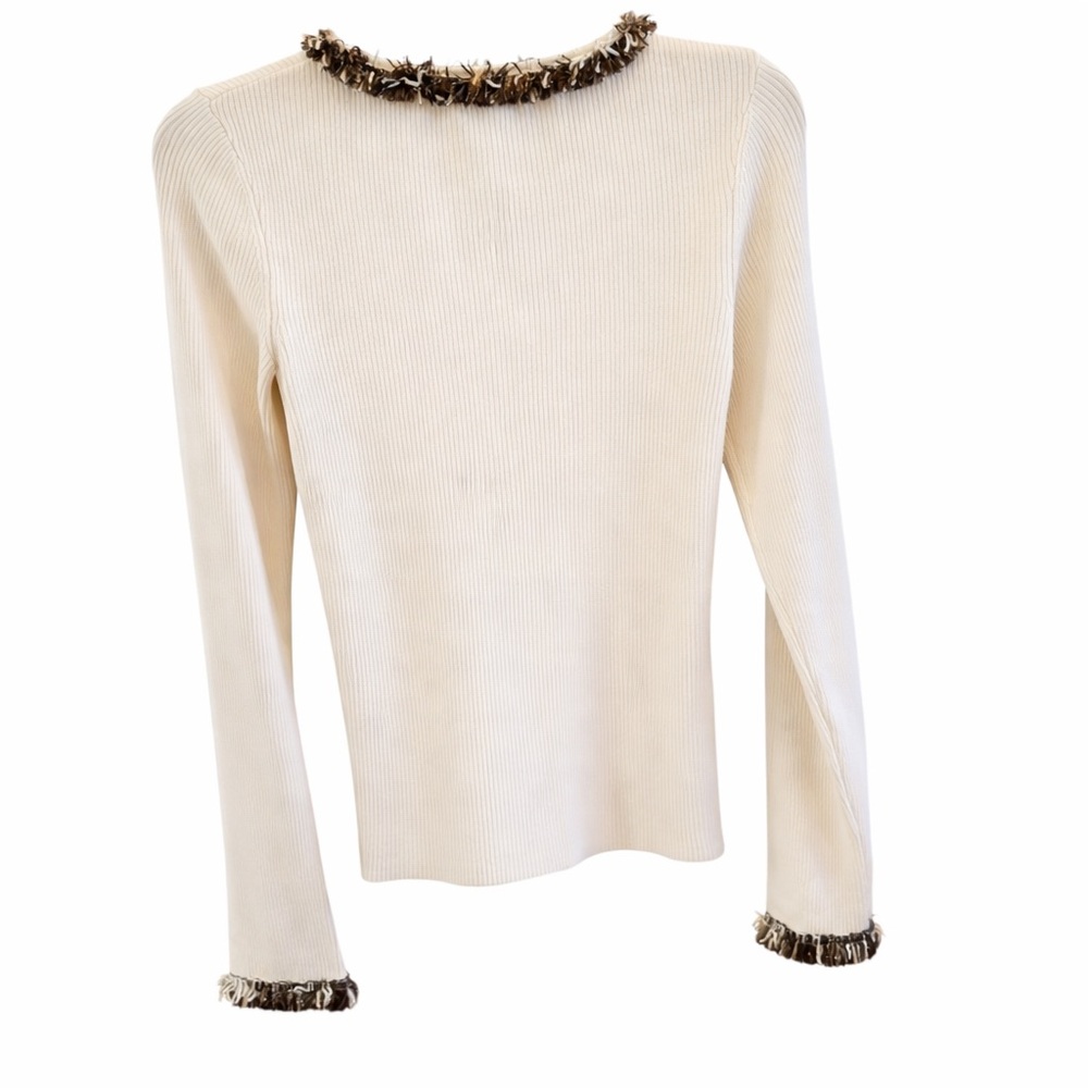 Vintage 90s Y2K Cache Cream Ribbed Fringe Cardigan Medium - Picture 3 of 6